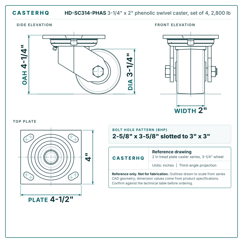 3-1/4" x 2" phenolic swivel caster reference drawing, side, front and top plate views with dimensions