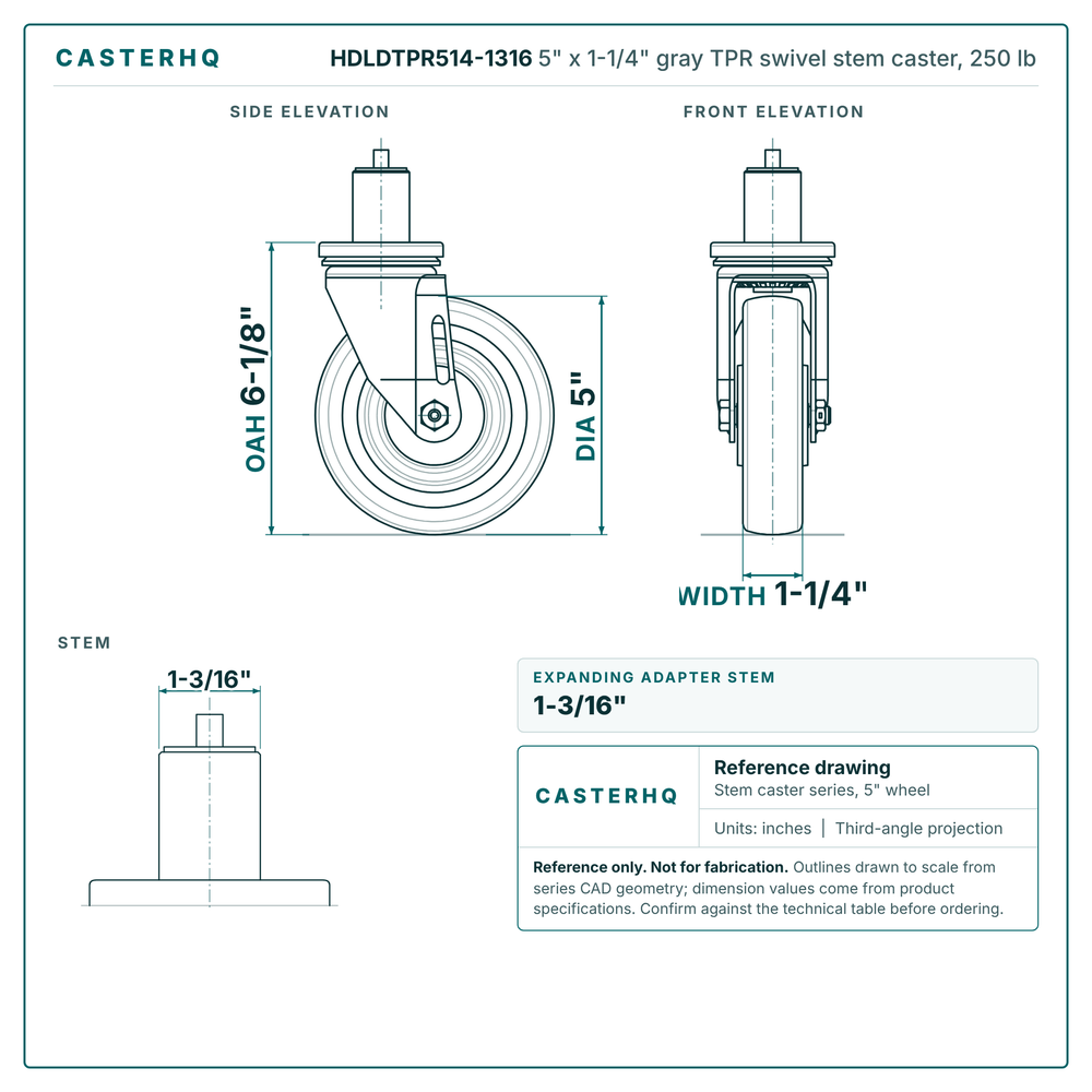 HDLDTPR514-1316 5" x 1-1/4" gray TPR swivel stem caster, 250 lb reference drawing, side, front and stem views with dimensions
