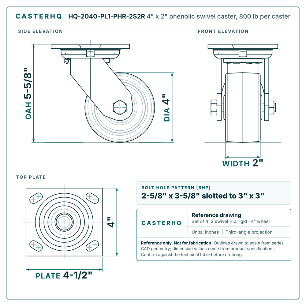 HQ-2040-PL1-PHR-2S2R 4 x 2 in phenolic swivel caster reference drawing, 800 lb per caster (set of 4: 2 swivel + 2 rigid), side, front and top plate views with dimensions