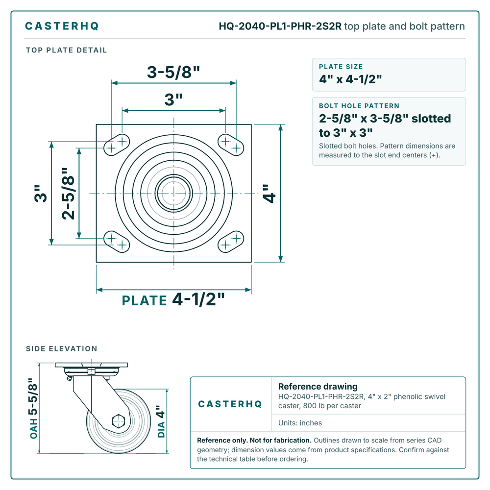 HQ-2040-PL1-PHR-2S2R top plate bolt pattern drawing, 4 x 4-1/2 in plate, slotted bolt holes