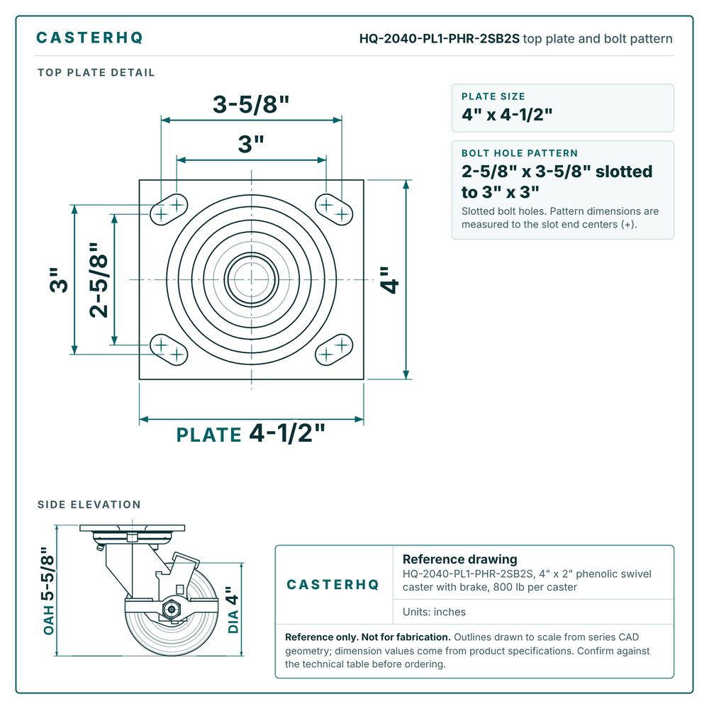 HQ-2040-PL1-PHR-2SB2S top plate bolt pattern drawing, 4 x 4-1/2 in plate, slotted bolt holes