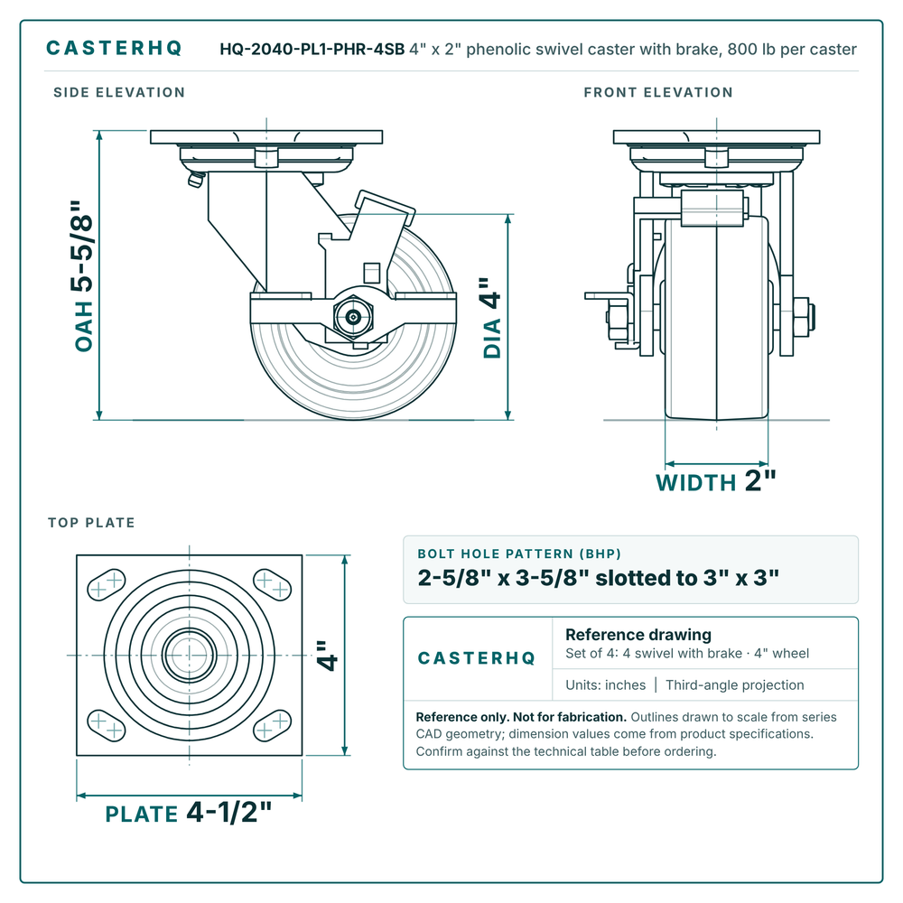 HQ-2040-PL1-PHR-4SB 4 x 2 in phenolic swivel caster with brake reference drawing, 800 lb per caster (set of 4: 4 swivel with brake), side, front and top plate views with dimensions