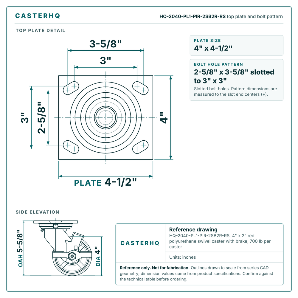 HQ-2040-PL1-PIR-2SB2R-RS top plate bolt pattern drawing, 4 x 4-1/2 in plate, slotted bolt holes