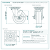 HQ-2050-PL1-PHR-2SB2R 5 x 2 in phenolic swivel caster with brake reference drawing, 1,000 lb per caster (set of 4: 2 swivel with brake + 2 rigid), side, front and top plate views with dimensions