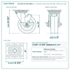 HQ-2050-PL1-PHR-2SB2S 5 x 2 in phenolic swivel caster with brake reference drawing, 1,000 lb per caster (set of 4: 2 swivel with brake + 2 swivel), side, front and top plate views with dimensions