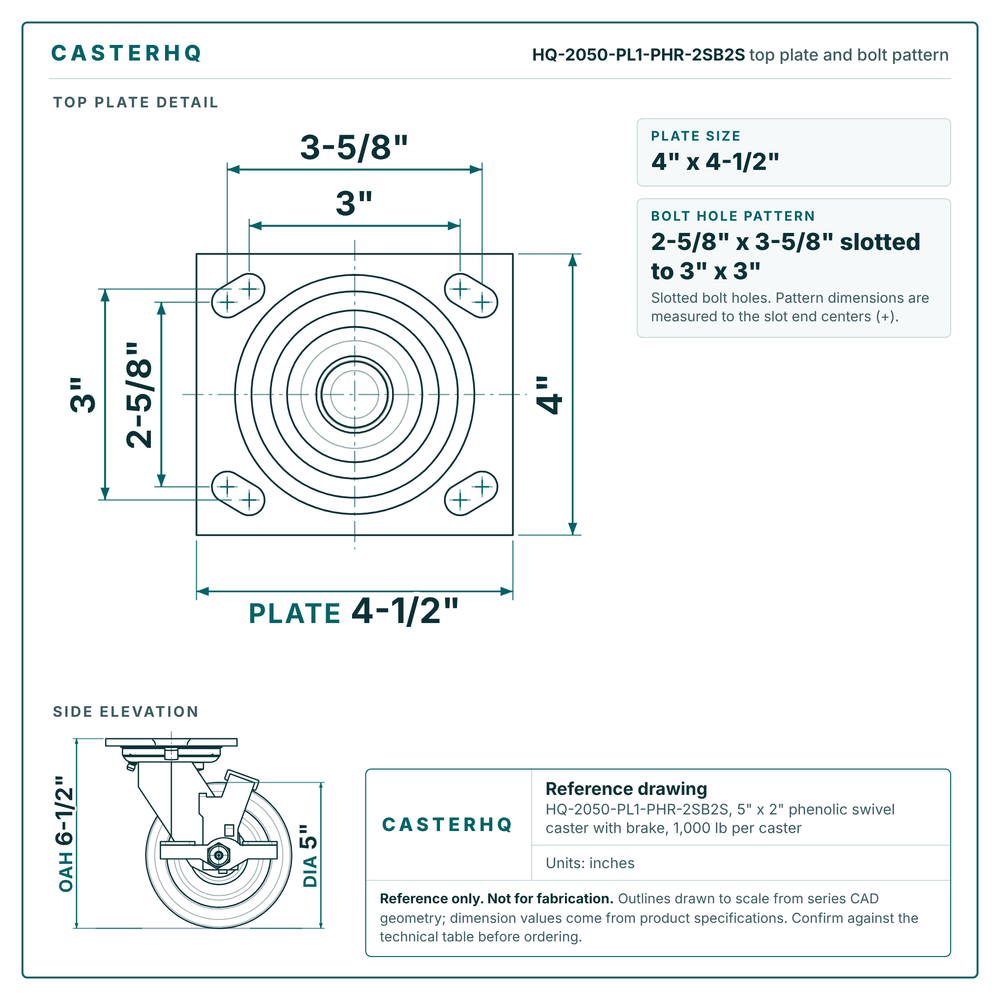 HQ-2050-PL1-PHR-2SB2S top plate bolt pattern drawing, 4 x 4-1/2 in plate, slotted bolt holes