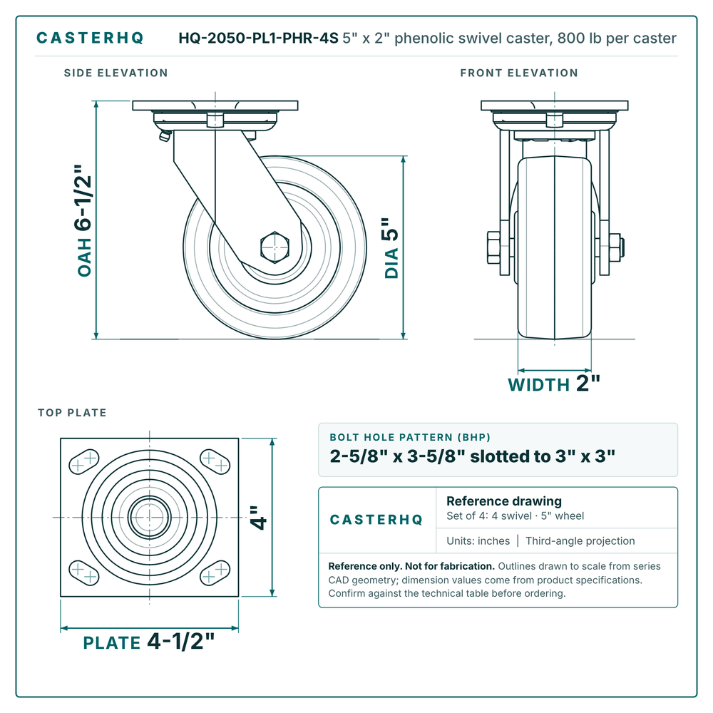 HQ-2050-PL1-PHR-4S 5 x 2 in phenolic swivel caster reference drawing, 800 lb per caster (set of 4: 4 swivel), side, front and top plate views with dimensions