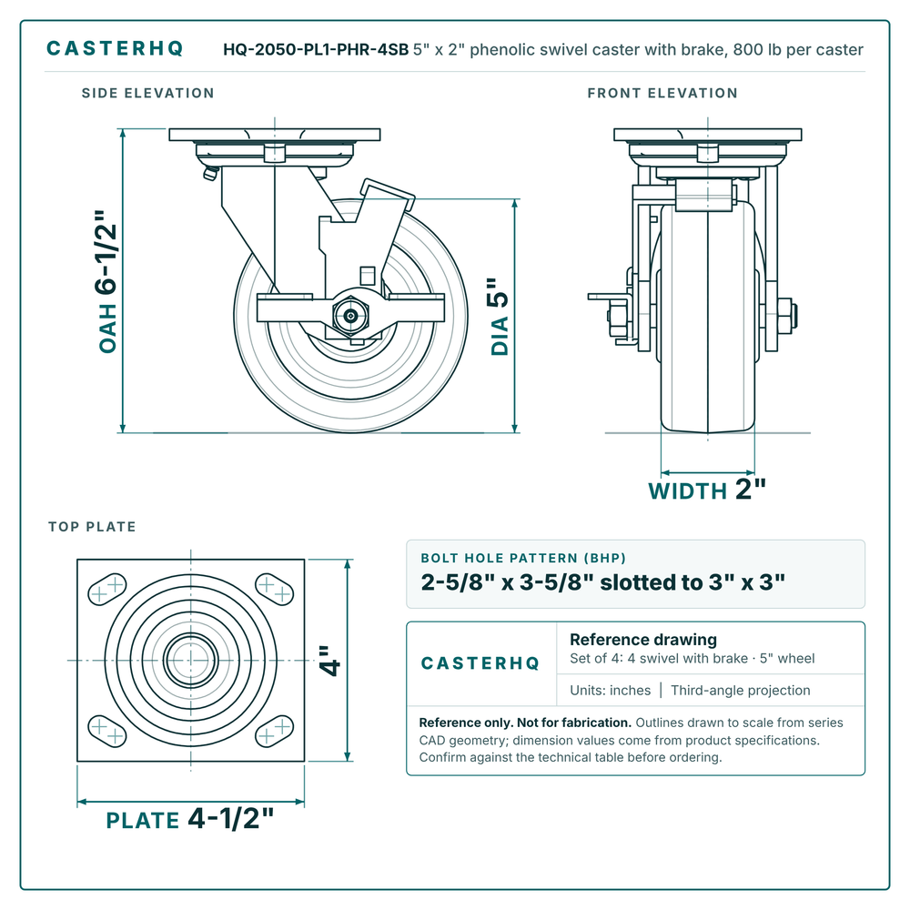 HQ-2050-PL1-PHR-4SB 5 x 2 in phenolic swivel caster with brake reference drawing, 800 lb per caster (set of 4: 4 swivel with brake), side, front and top plate views with dimensions