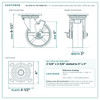 HQ-2050-PL1-PIR-2SB2R-RS 5 x 2 in red polyurethane swivel caster with brake reference drawing, 1,000 lb per caster (set of 4: 2 swivel with brake + 2 rigid), side, front and top plate views with dimensions