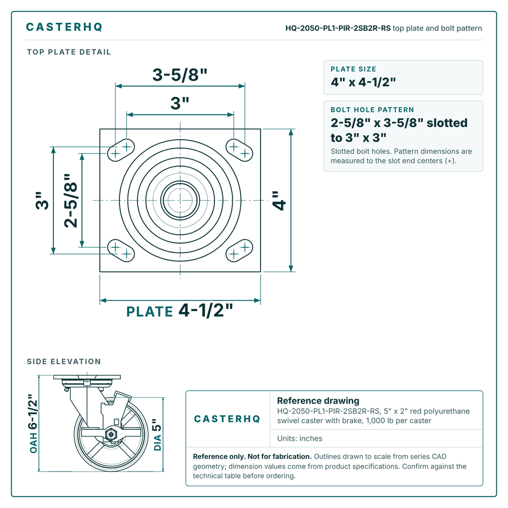 HQ-2050-PL1-PIR-2SB2R-RS top plate bolt pattern drawing, 4 x 4-1/2 in plate, slotted bolt holes