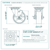 HQ-2050-PL1-PIR-4SB-RS 5 x 2 in red polyurethane swivel caster with brake reference drawing, 1,000 lb per caster (set of 4: 4 swivel with brake), side, front and top plate views with dimensions