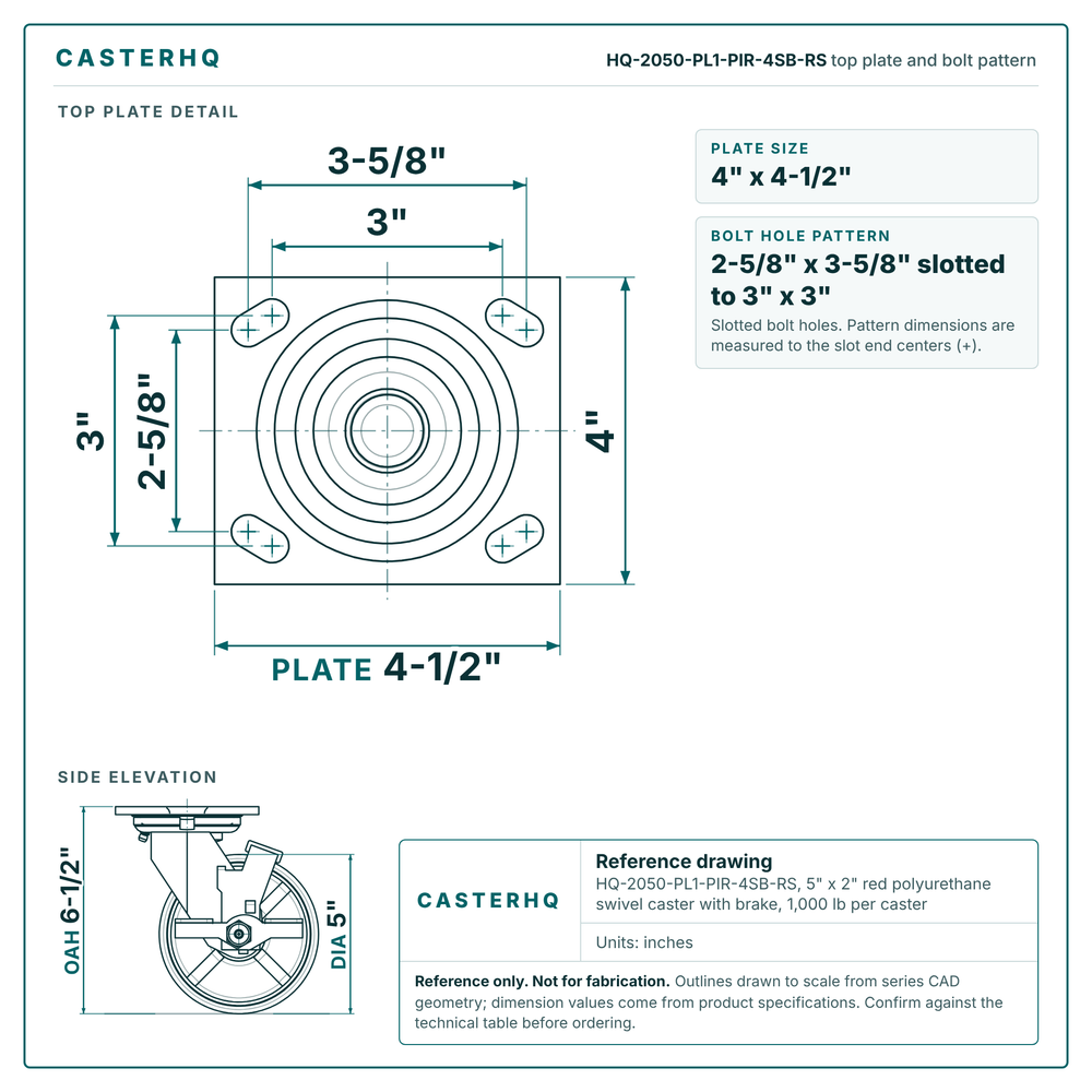 HQ-2050-PL1-PIR-4SB-RS top plate bolt pattern drawing, 4 x 4-1/2 in plate, slotted bolt holes