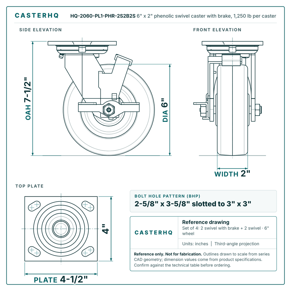 HQ-2060-PL1-PHR-2S2B2S 6 x 2 in phenolic swivel caster with brake reference drawing, 1,250 lb per caster (set of 4: 2 swivel with brake + 2 swivel), side, front and top plate views with dimensions
