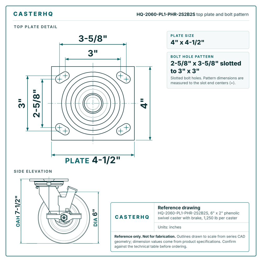 HQ-2060-PL1-PHR-2S2B2S top plate bolt pattern drawing, 4 x 4-1/2 in plate, slotted bolt holes