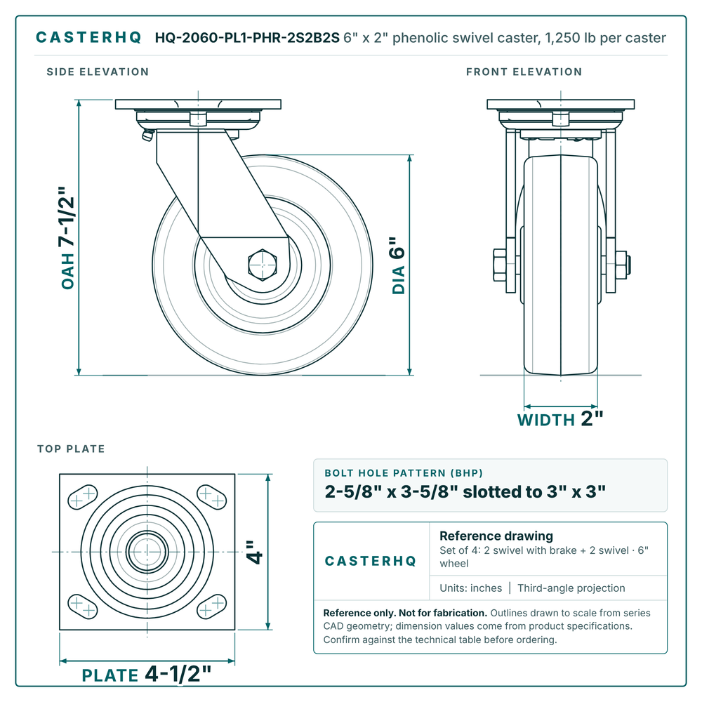 HQ-2060-PL1-PHR-2S2B2S 6 x 2 in phenolic swivel caster reference drawing, 1,250 lb per caster (set of 4: 2 swivel with brake + 2 swivel), side, front and top plate views with dimensions