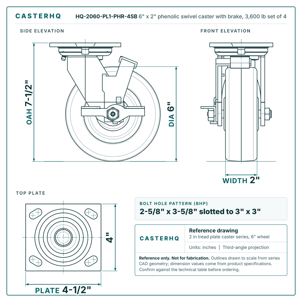 HQ-2060-PL1-PHR-4SB 6 x 2 in phenolic swivel caster with brake reference drawing, 3,600 lb set of 4, side, front and top plate views with dimensions