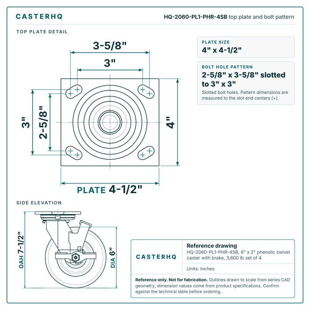 HQ-2060-PL1-PHR-4SB top plate bolt pattern drawing, 4 x 4-1/2 in plate, slotted bolt holes