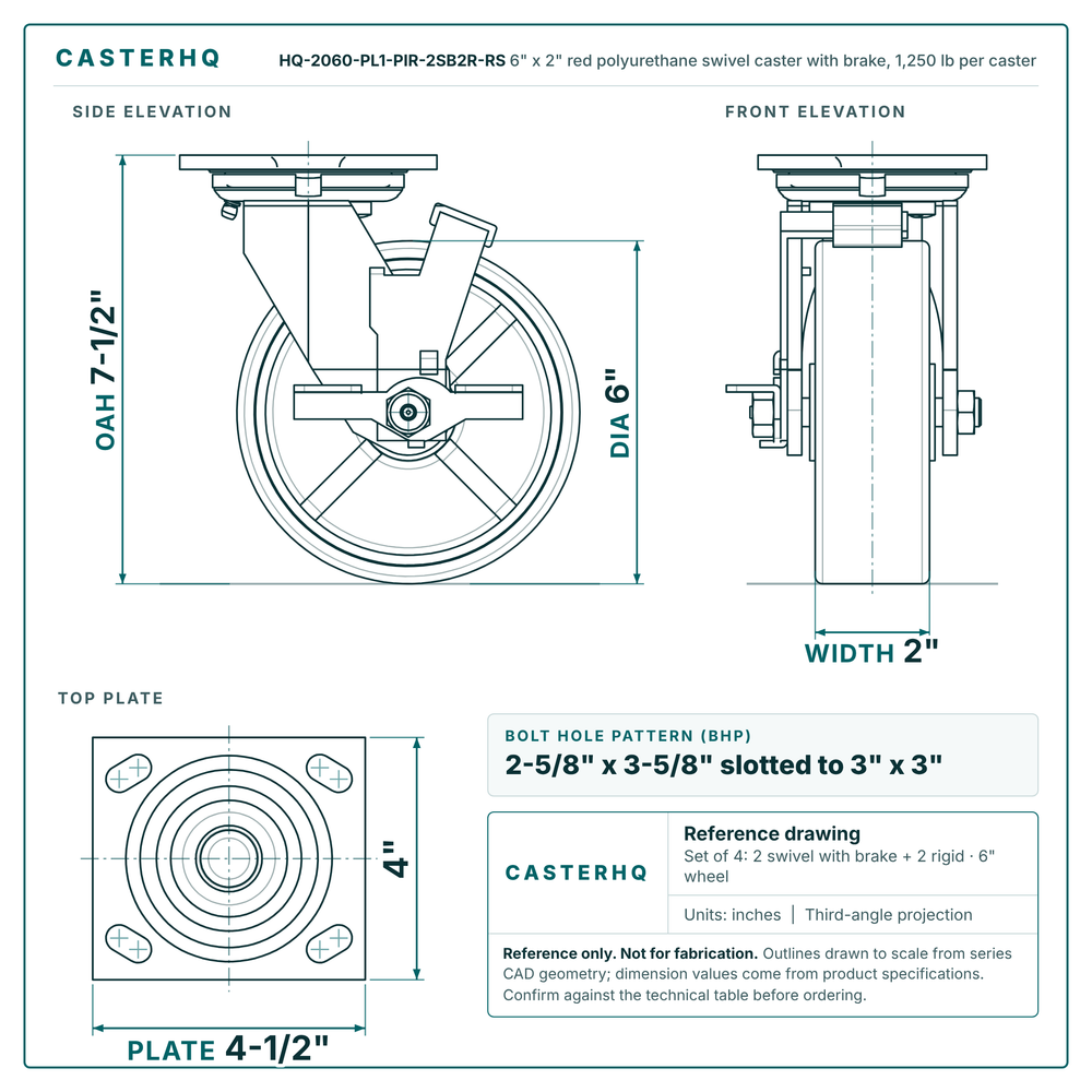 HQ-2060-PL1-PIR-2SB2R-RS 6 x 2 in red polyurethane swivel caster with brake reference drawing, 1,250 lb per caster (set of 4: 2 swivel with brake + 2 rigid), side, front and top plate views with dimensions
