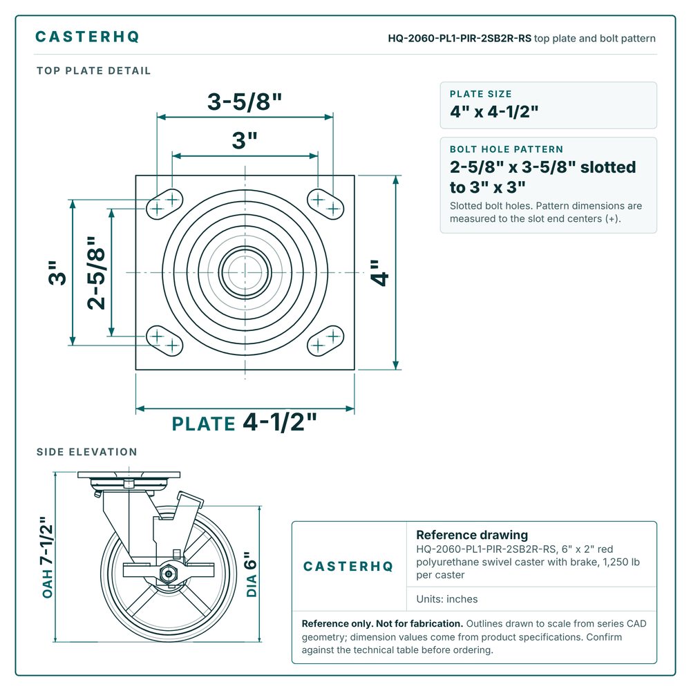 HQ-2060-PL1-PIR-2SB2R-RS top plate bolt pattern drawing, 4 x 4-1/2 in plate, slotted bolt holes