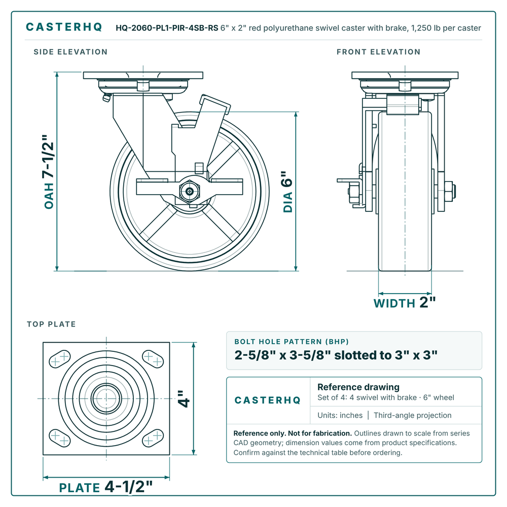 HQ-2060-PL1-PIR-4SB-RS 6 x 2 in red polyurethane swivel caster with brake reference drawing, 1,250 lb per caster (set of 4: 4 swivel with brake), side, front and top plate views with dimensions