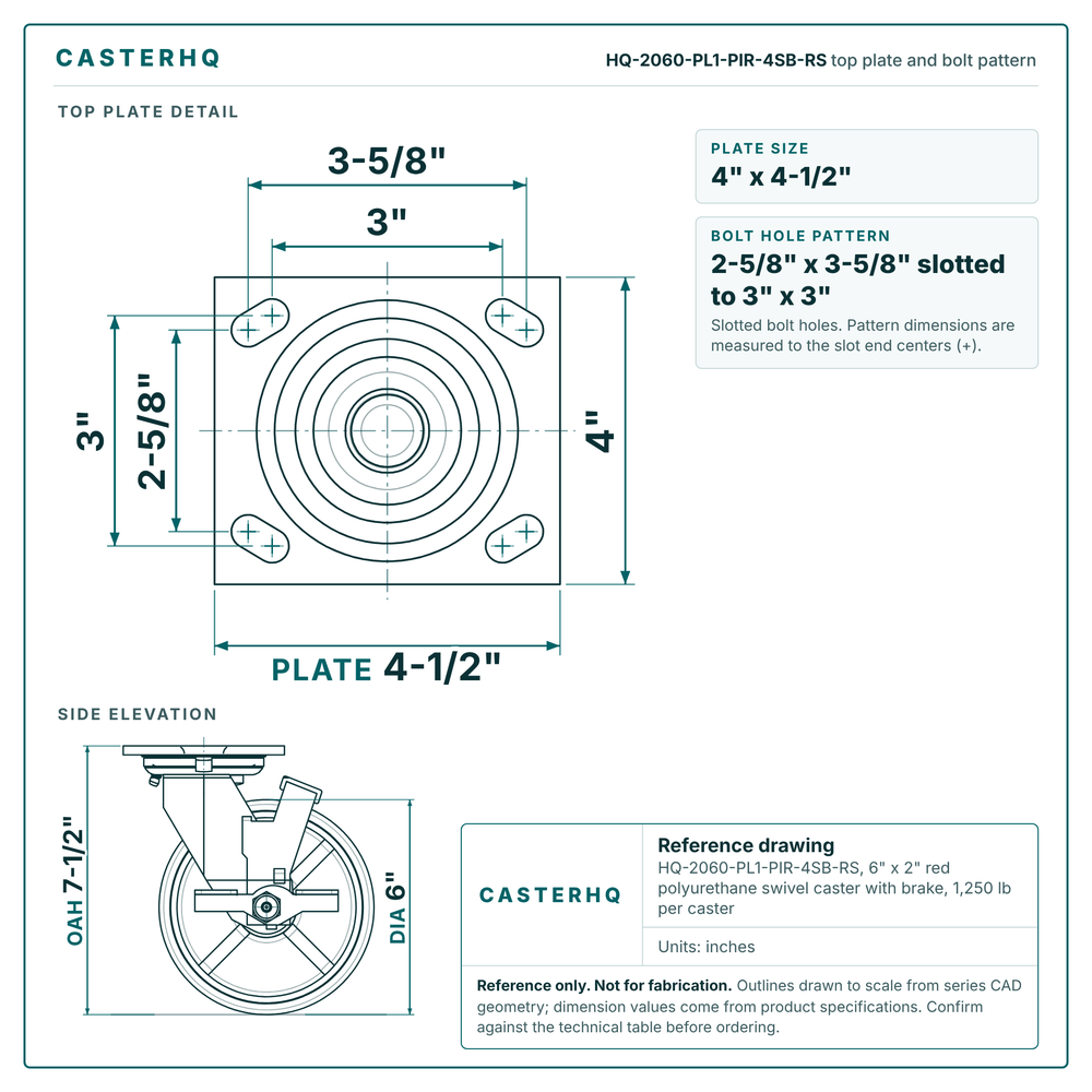 HQ-2060-PL1-PIR-4SB-RS top plate bolt pattern drawing, 4 x 4-1/2 in plate, slotted bolt holes