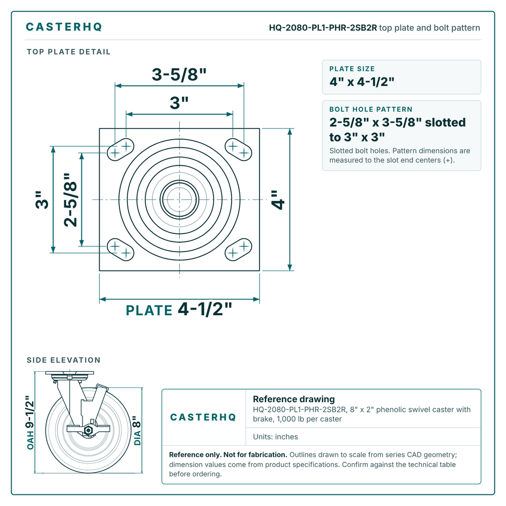 HQ-2080-PL1-PHR-2SB2R top plate bolt pattern drawing, 4 x 4-1/2 in plate, slotted bolt holes
