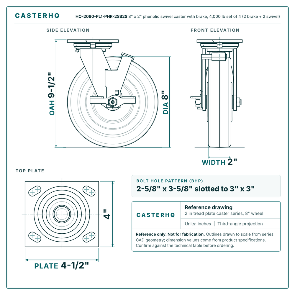 HQ-2080-PL1-PHR-2SB2S 8 x 2 in phenolic swivel caster with brake reference drawing, 4,000 lb set of 4 (2 brake + 2 swivel), side, front and top plate views with dimensions