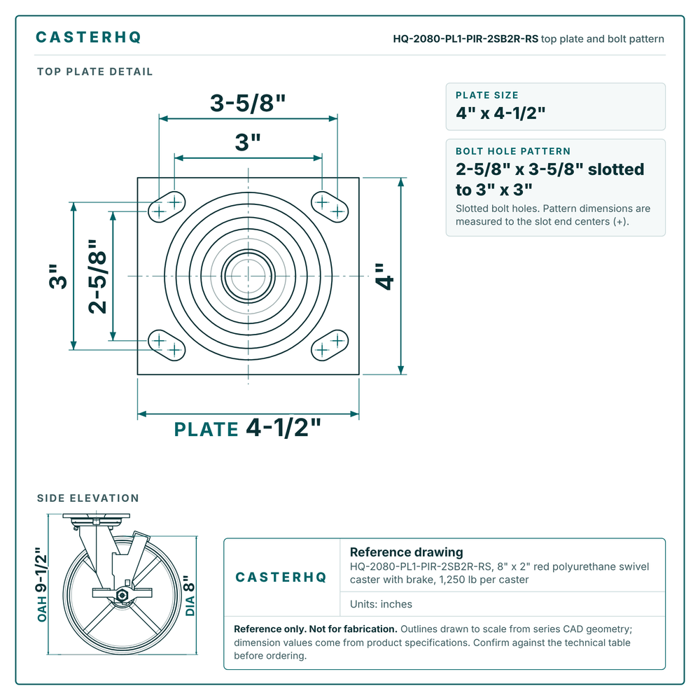 HQ-2080-PL1-PIR-2SB2R-RS top plate bolt pattern drawing, 4 x 4-1/2 in plate, slotted bolt holes