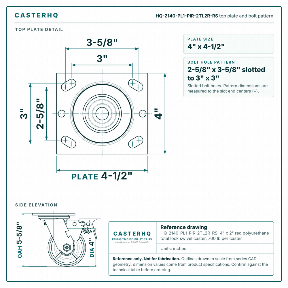 HQ-2140-PL1-PIR-2TL2R-RS top plate bolt pattern drawing, 4 x 4-1/2 in plate, slotted bolt holes