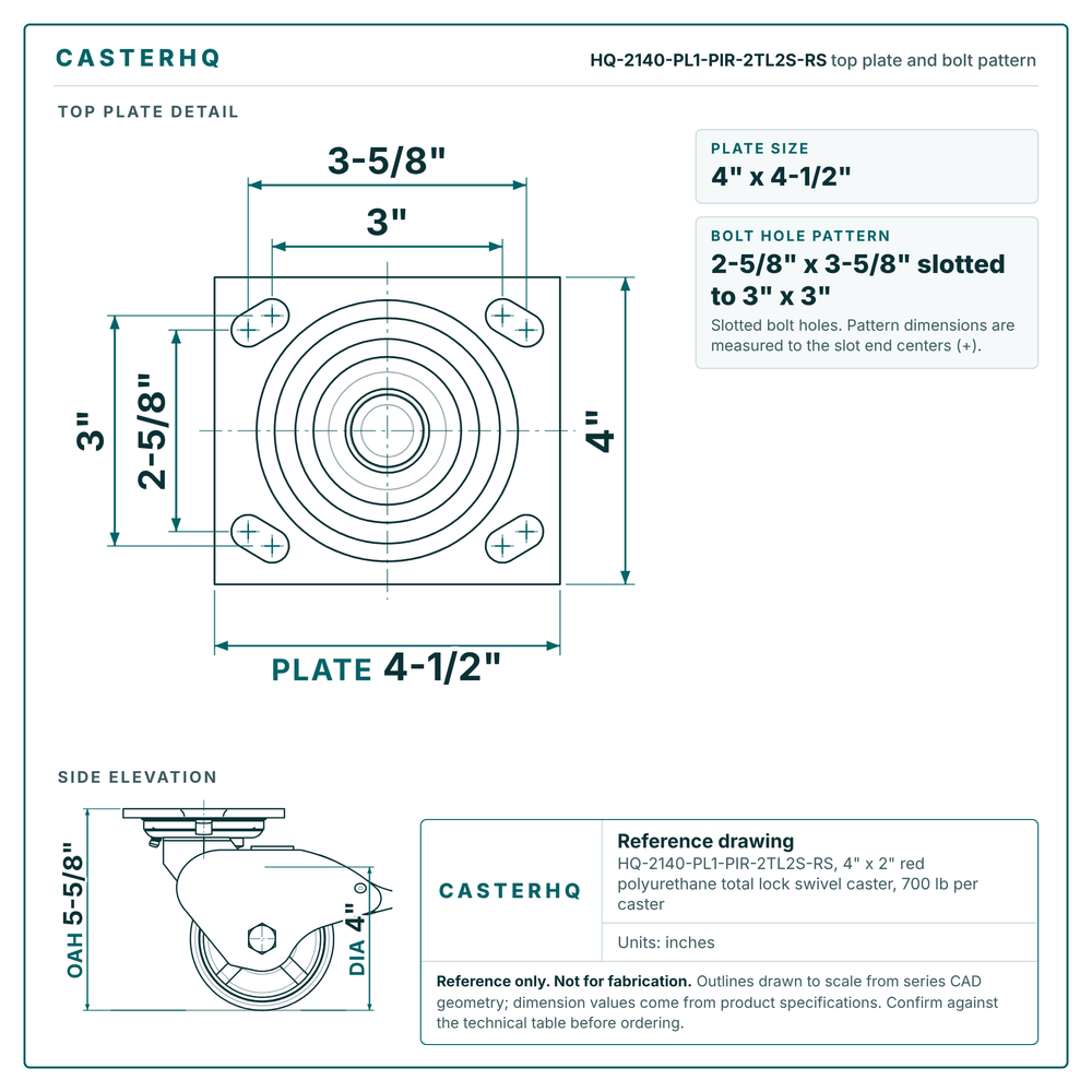 HQ-2140-PL1-PIR-2TL2S-RS top plate bolt pattern drawing, 4 x 4-1/2 in plate, slotted bolt holes