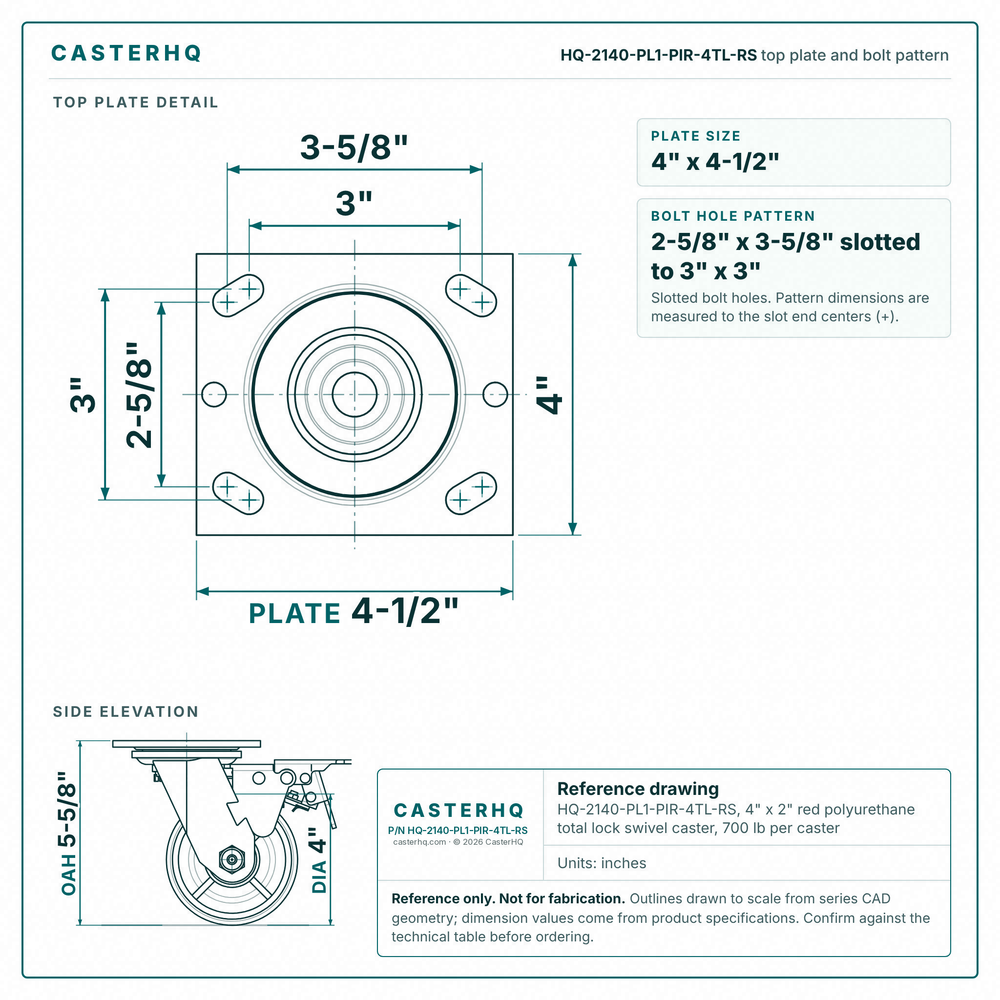 HQ-2140-PL1-PIR-4TL-RS top plate bolt pattern drawing, 4 x 4-1/2 in plate, slotted bolt holes