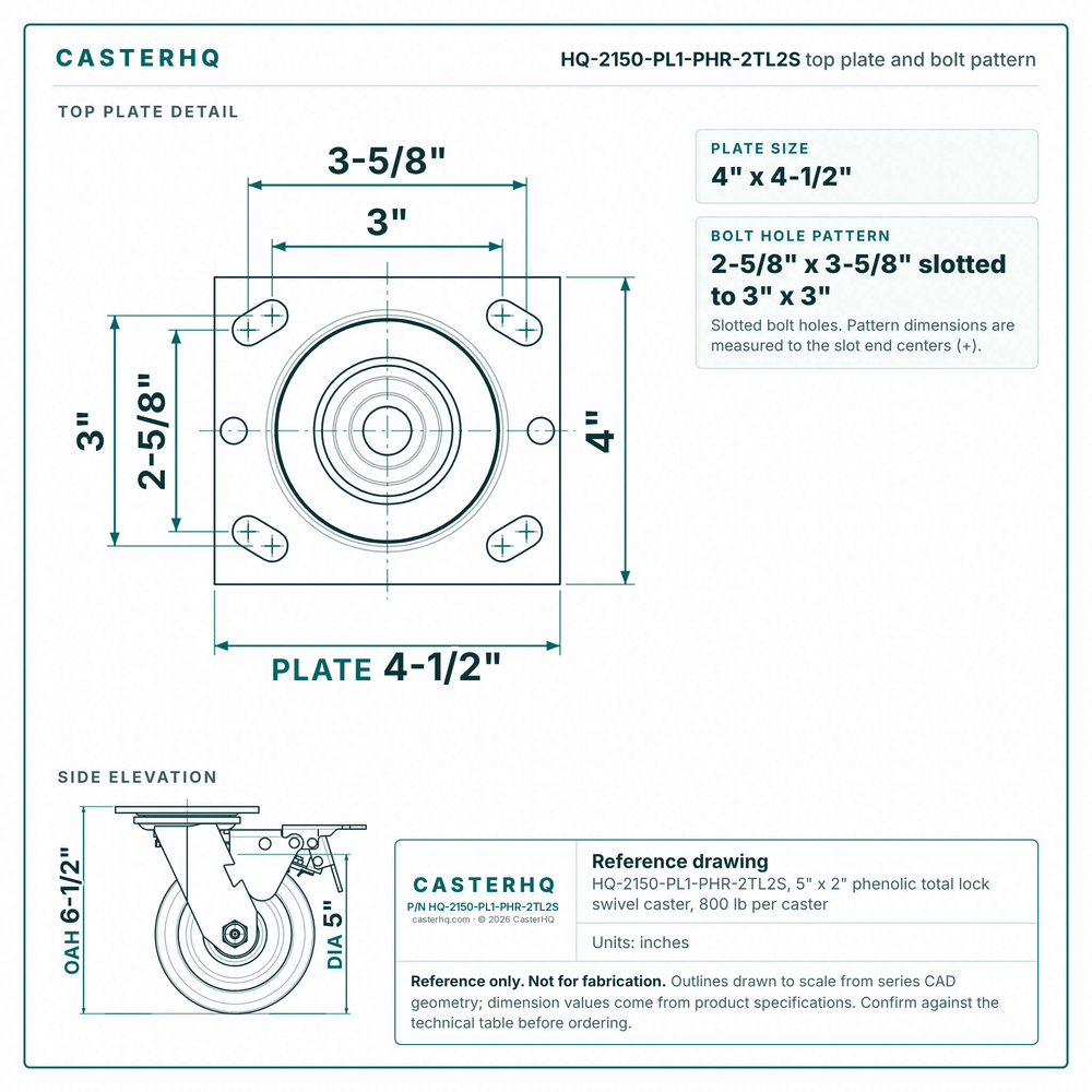 HQ-2150-PL1-PHR-2TL2S top plate bolt pattern drawing, 4 x 4-1/2 in plate, slotted bolt holes