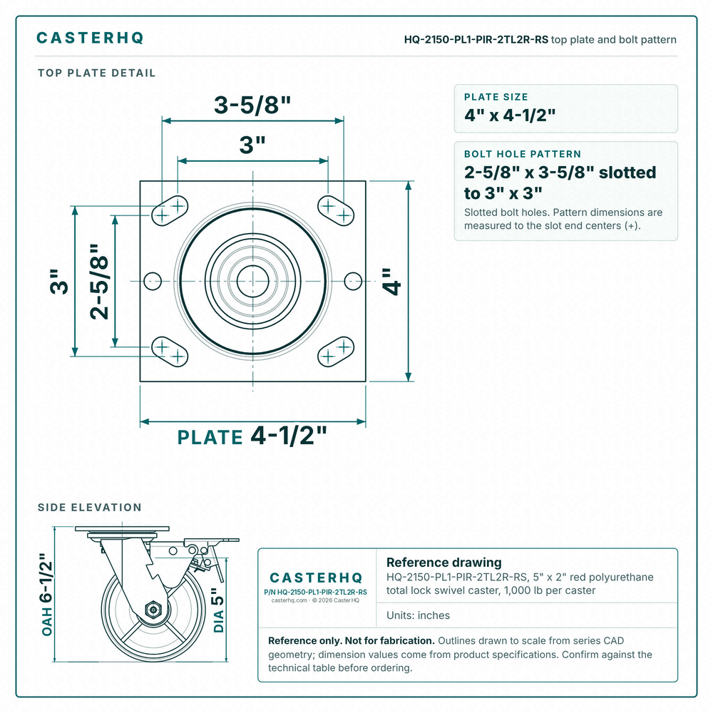 HQ-2150-PL1-PIR-2TL2R-RS top plate bolt pattern drawing, 4 x 4-1/2 in plate, slotted bolt holes