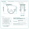 HQ-2150-PL1-PIR-2TL2S-RS 5 x 2 in red polyurethane total lock swivel caster reference drawing, 1,000 lb per caster (set of 4: 2 total lock swivel + 2 swivel), side, front and top plate views with dimensions