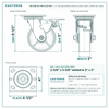 HQ-2150-PL1-PIR-2TL2S-RS 5 x 2 in red polyurethane total lock swivel caster reference drawing, 1,000 lb per caster (set of 4: 2 total lock swivel + 2 swivel), side, front and top plate views with dimensions