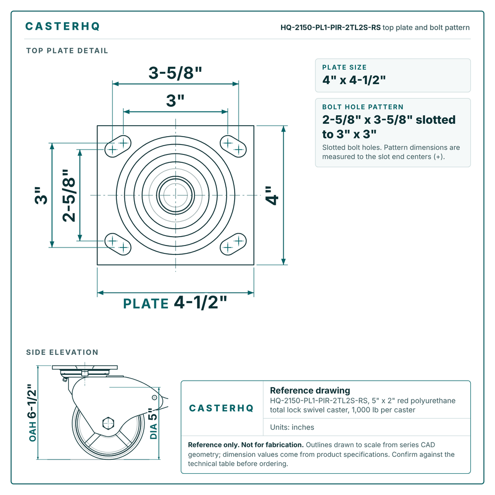 HQ-2150-PL1-PIR-2TL2S-RS top plate bolt pattern drawing, 4 x 4-1/2 in plate, slotted bolt holes