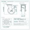 HQ-2150-PL1-PIR-4TL-RS 5 x 2 in red polyurethane total lock swivel caster reference drawing, 1,000 lb per caster (set of 4: 4 total lock swivel), side, front and top plate views with dimensions