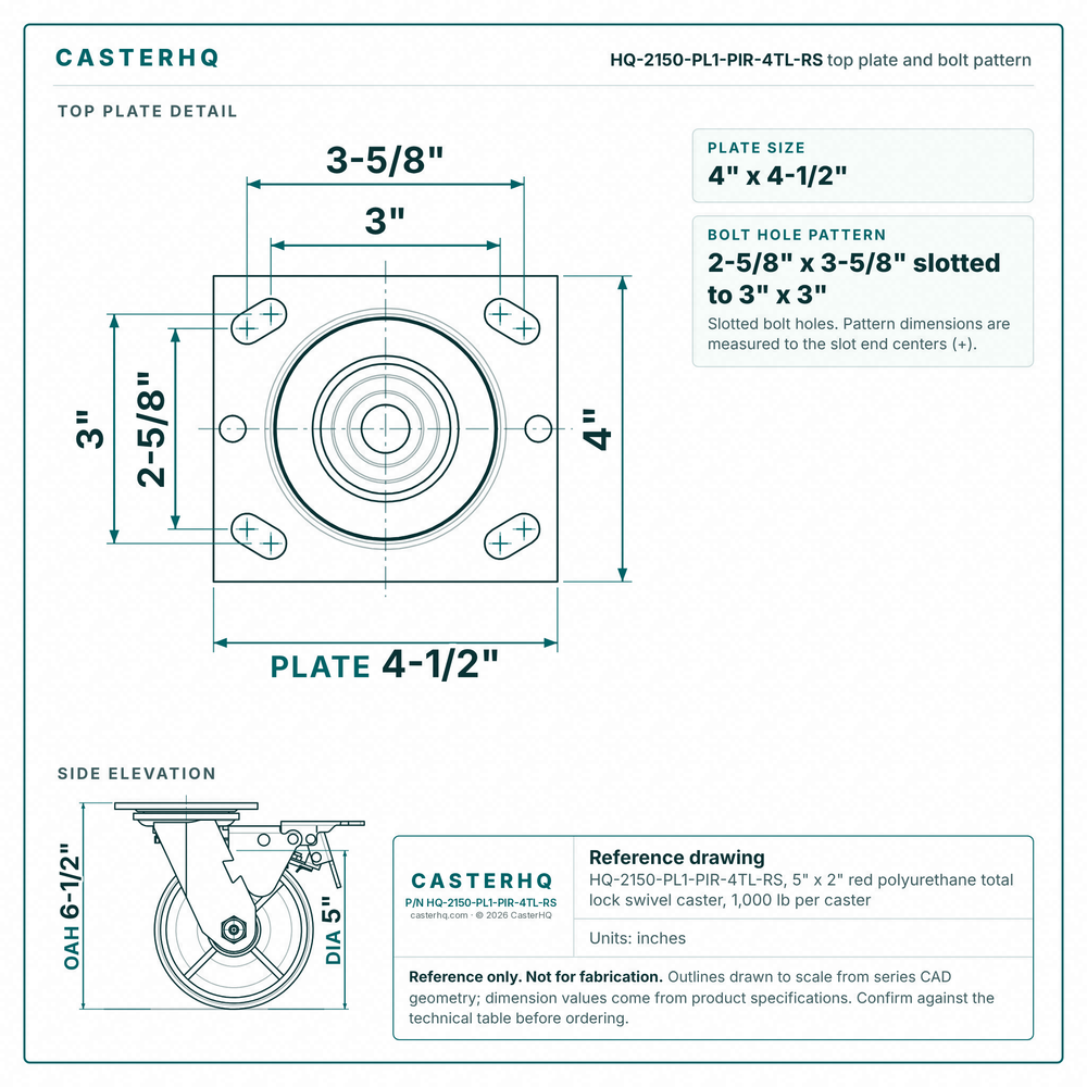 HQ-2150-PL1-PIR-4TL-RS top plate bolt pattern drawing, 4 x 4-1/2 in plate, slotted bolt holes