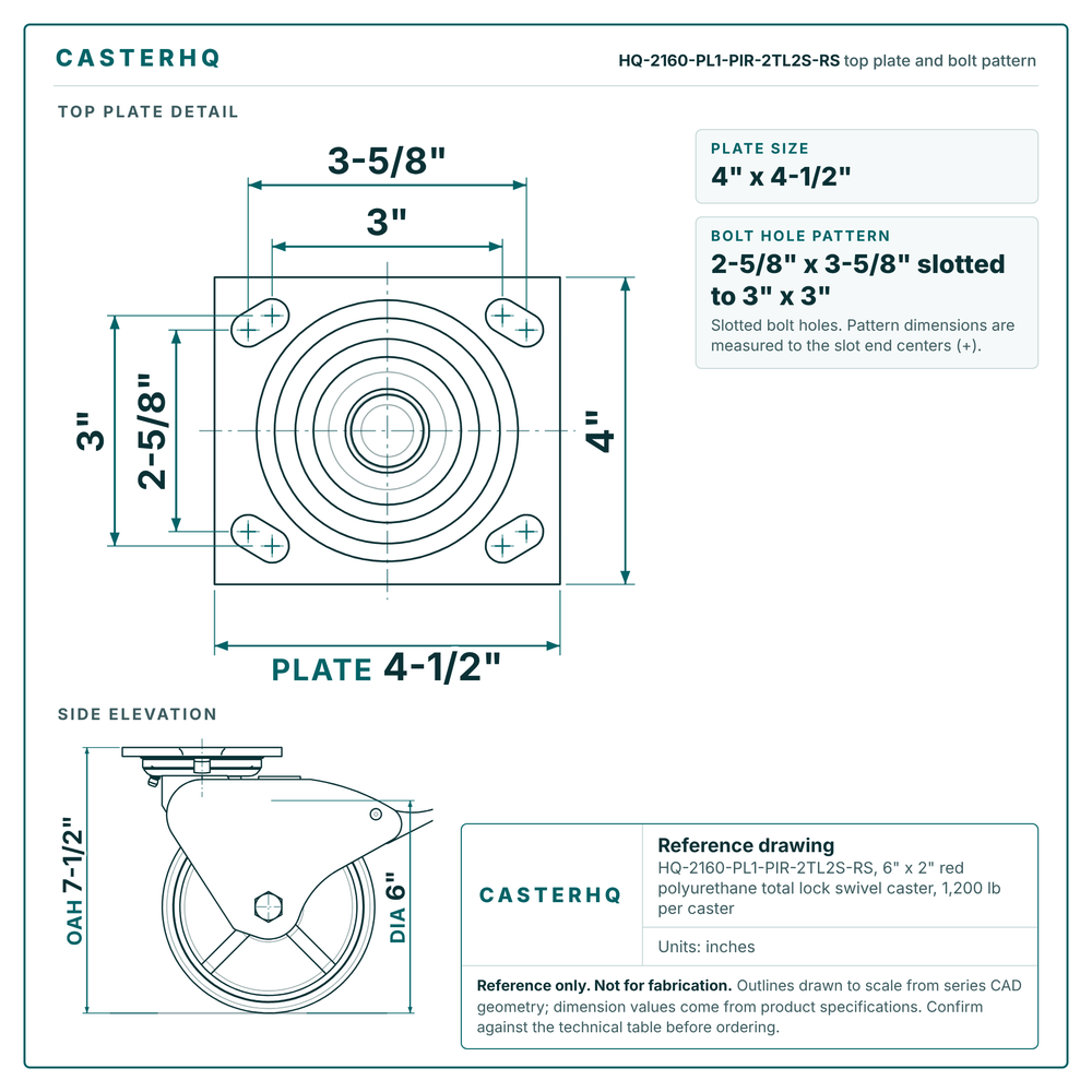 HQ-2160-PL1-PIR-2TL2S-RS top plate bolt pattern drawing, 4 x 4-1/2 in plate, slotted bolt holes