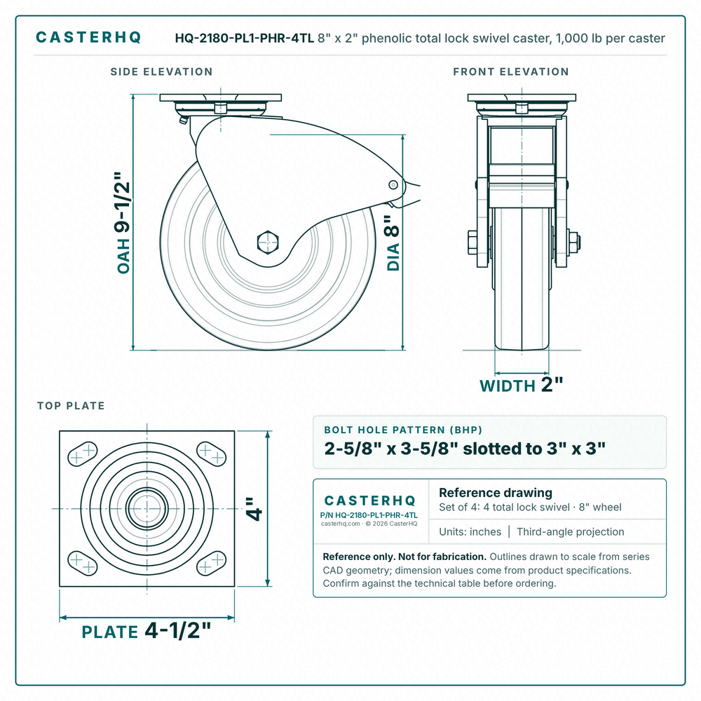 8" x 2" phenolic total lock swivel caster reference drawing, side, front and top plate views with dimensions