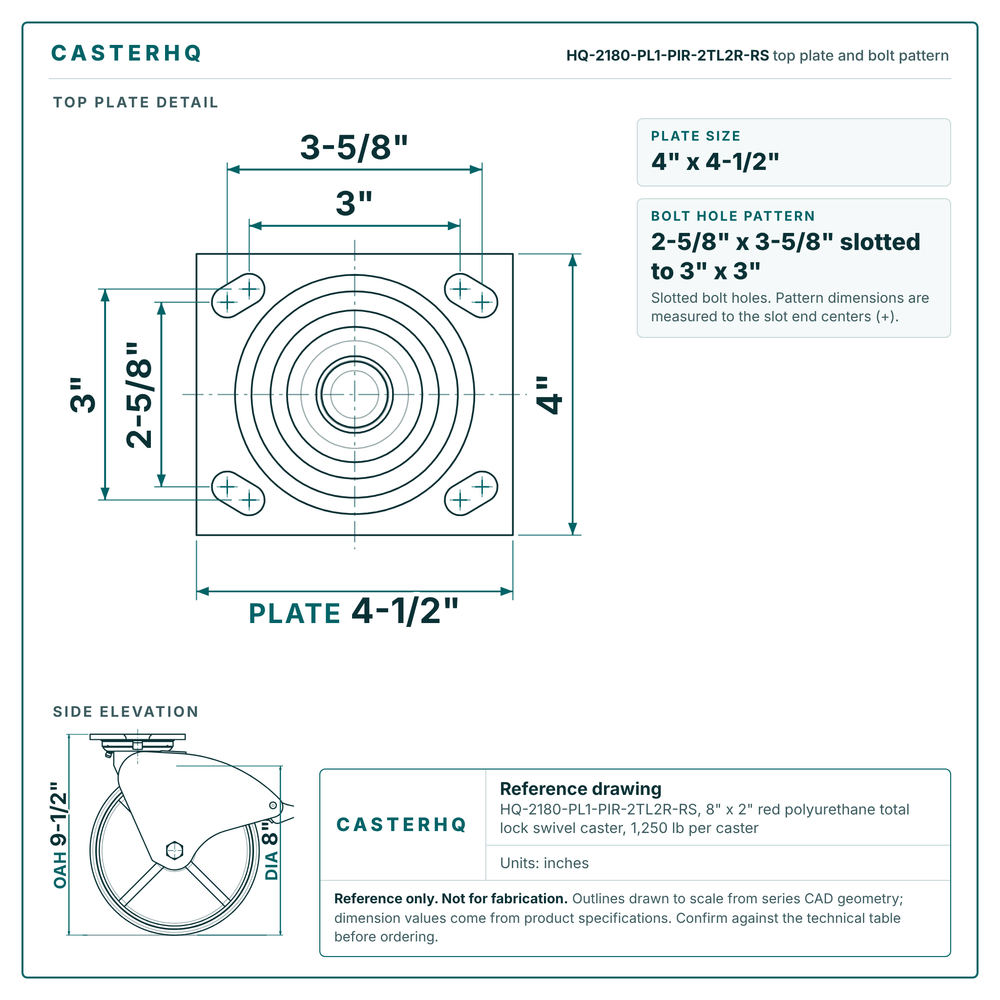 HQ-2180-PL1-PIR-2TL2R-RS top plate bolt pattern drawing, 4 x 4-1/2 in plate, slotted bolt holes