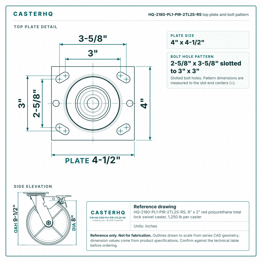 HQ-2180-PL1-PIR-2TL2S-RS top plate bolt pattern drawing, 4 x 4-1/2 in plate, slotted bolt holes