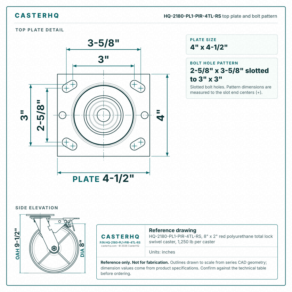 HQ-2180-PL1-PIR-4TL-RS top plate bolt pattern drawing, 4 x 4-1/2 in plate, slotted bolt holes