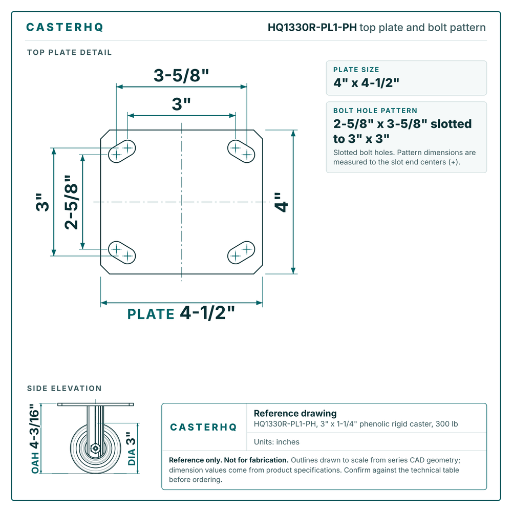 Top plate bolt pattern drawing, 4 x 4-1/2 in plate, 2-5/8 x 3-5/8 in slotted to 3 x 3 in, slotted bolt holes