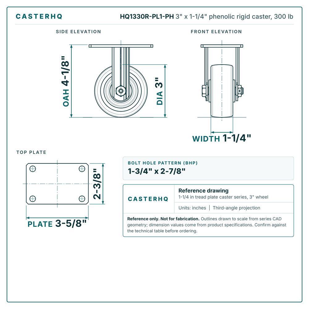 HQ1330R-PL1-PH 3 x 1-1/4 in phenolic rigid caster reference drawing, side, front and top plate views with dimensions