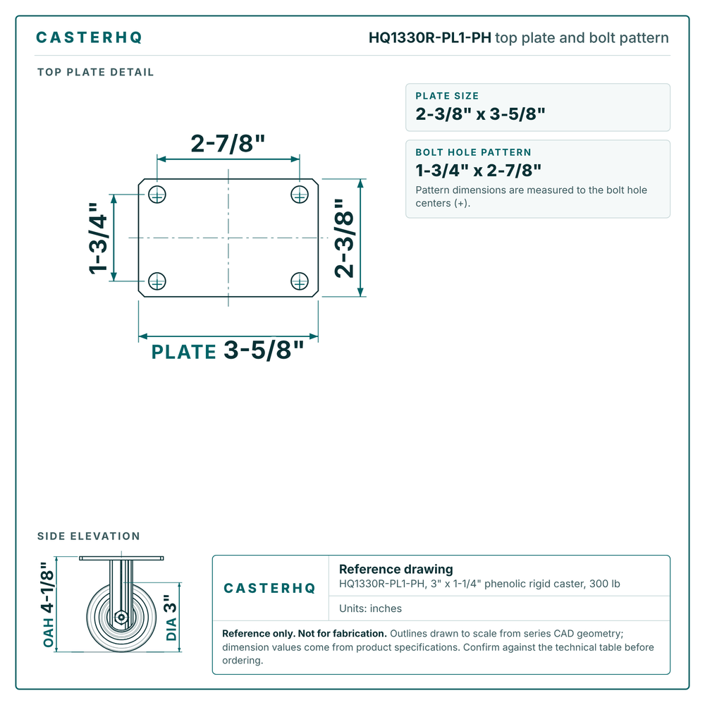 HQ1330R-PL1-PH top plate bolt pattern drawing, 2-3/8 x 3-5/8 in plate, round bolt holes
