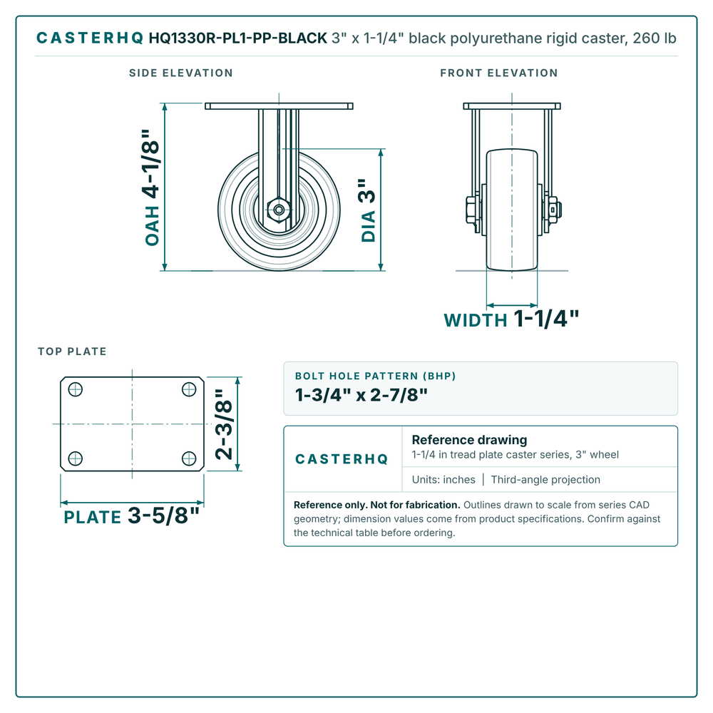 HQ1330R-PL1-PP-BLACK 3 x 1-1/4 in black polyurethane rigid caster reference drawing, side, front and top plate views with dimensions