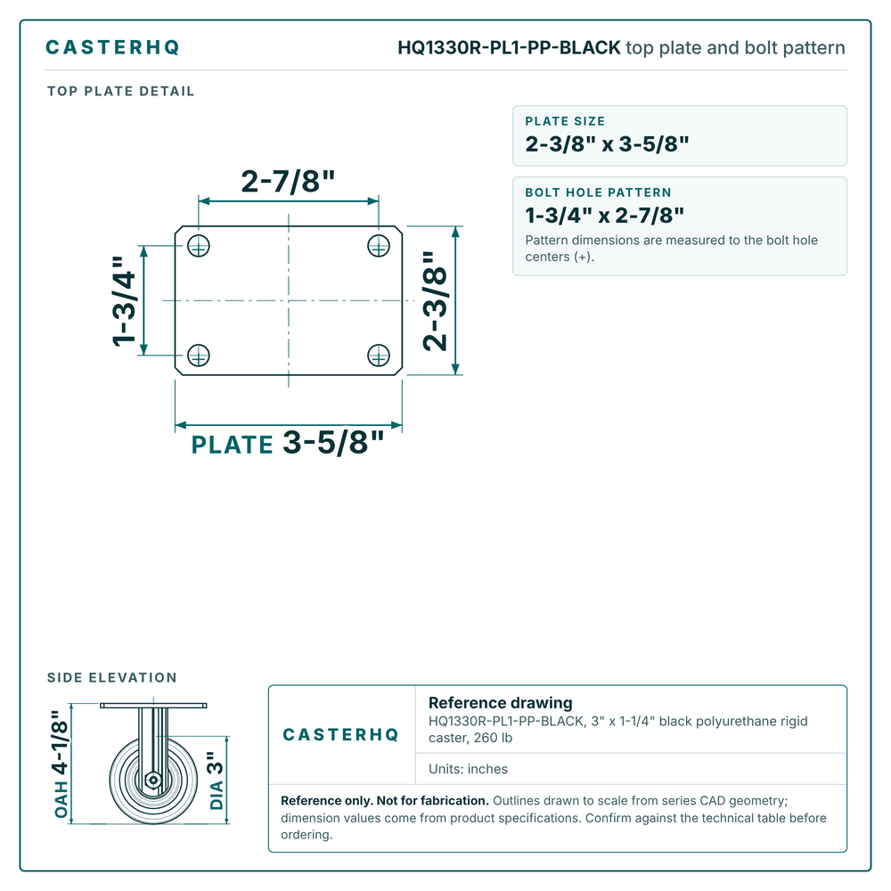 HQ1330R-PL1-PP-BLACK top plate bolt pattern drawing, 2-3/8 x 3-5/8 in plate, round bolt holes