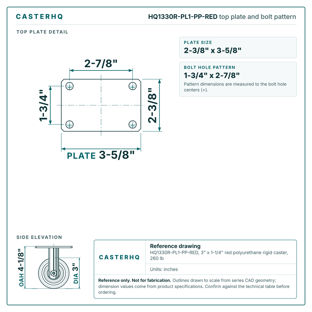 HQ1330R-PL1-PP-RED top plate bolt pattern drawing, 2-3/8 x 3-5/8 in plate, round bolt holes