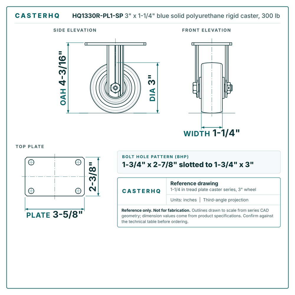 HQ1330R-PL1-SP 3 x 1-1/4 in blue solid polyurethane rigid caster reference drawing, side, front and top plate views with dimensions